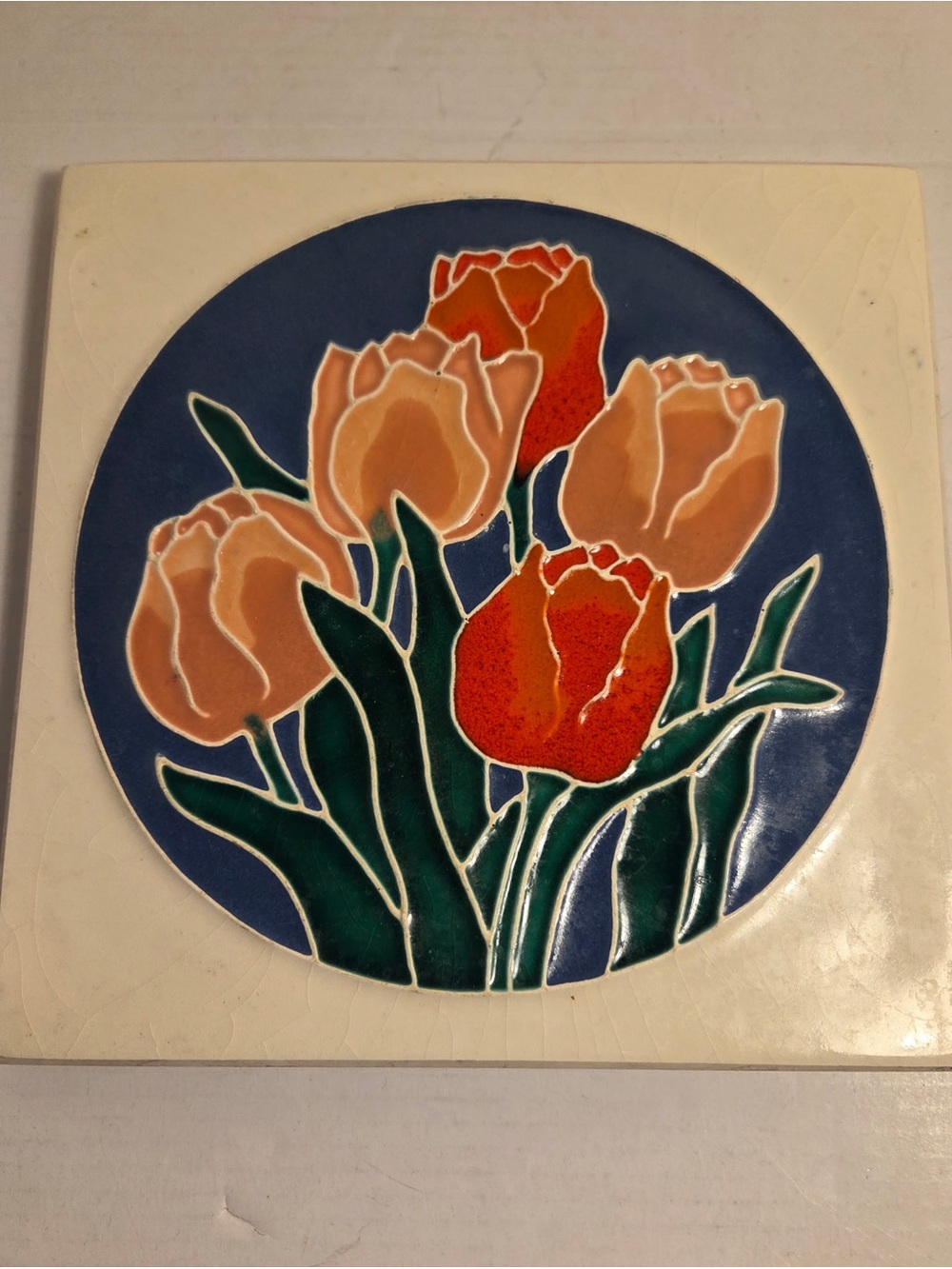 Vintage Hand Painted Ceramic Flower Tulip Hanging Wall Trivet